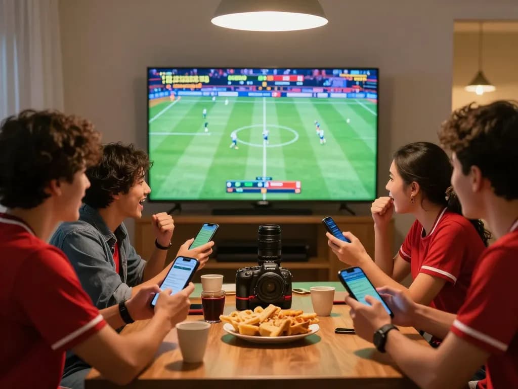 Friends enjoying sports betting with smartphones at a lively gathering, showcasing the essence of uu88.