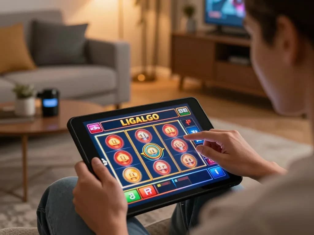 LIGALGO player spinning virtual slots on a tablet in a cozy home setting, engaging in responsible gaming.