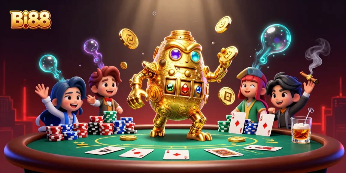Experience thrilling poker action in a lively BI88 casino atmosphere with a golden golem and vibrant game elements.