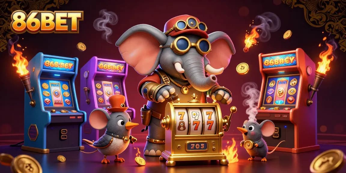 Engage with 86BET's exciting 3D steampunk-themed casino scene featuring colorful games and golden prizes.