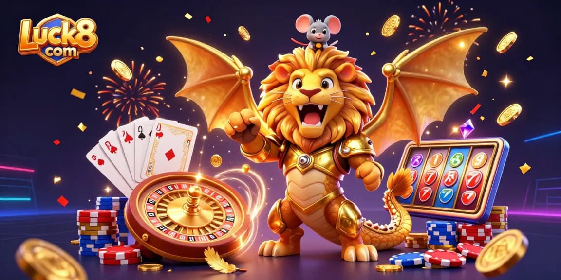 Win with Luck8 com in an action-packed casino scene featuring a golden chimera, vibrant game elements, and slot reels.