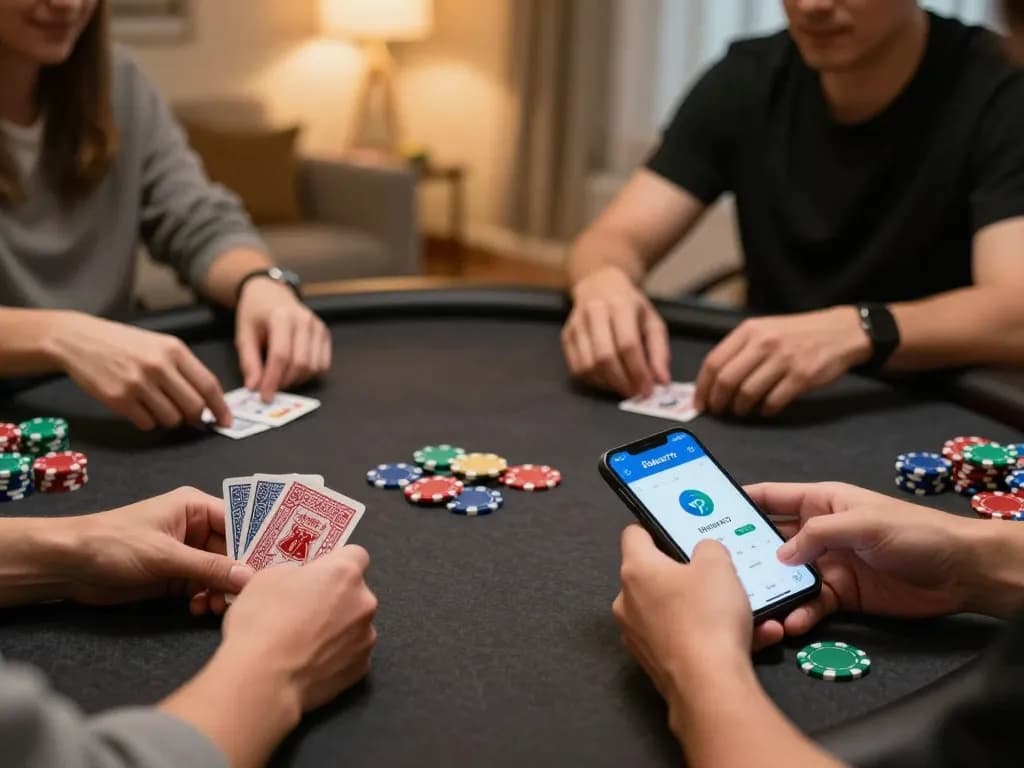 Players engaging in an online poker game through the Fokus777 app in a cozy home setting.