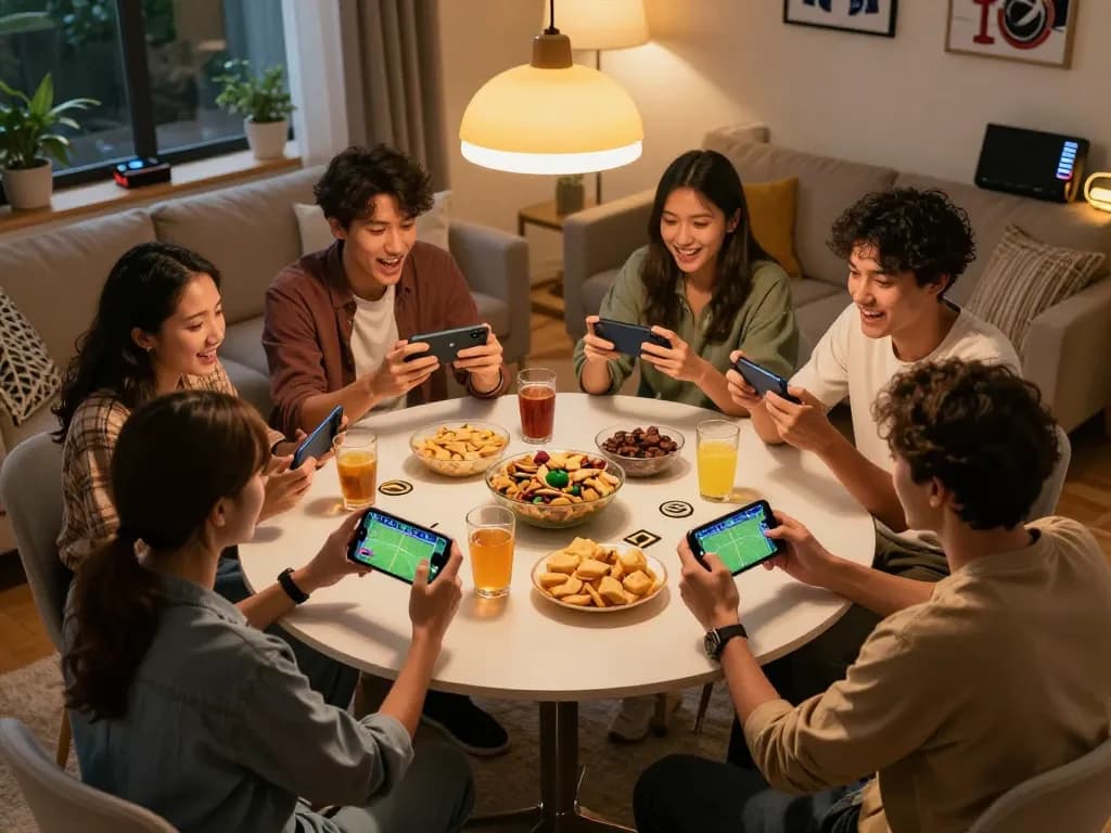 Cakhia TV sports betting night with friends using smartphones, lively atmosphere and engaging drama