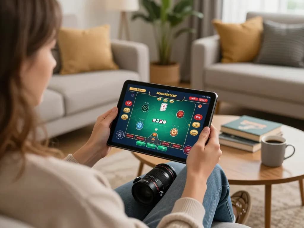 Player engaging in an exciting live poker game using the kkwin tablet in a cozy home environment.