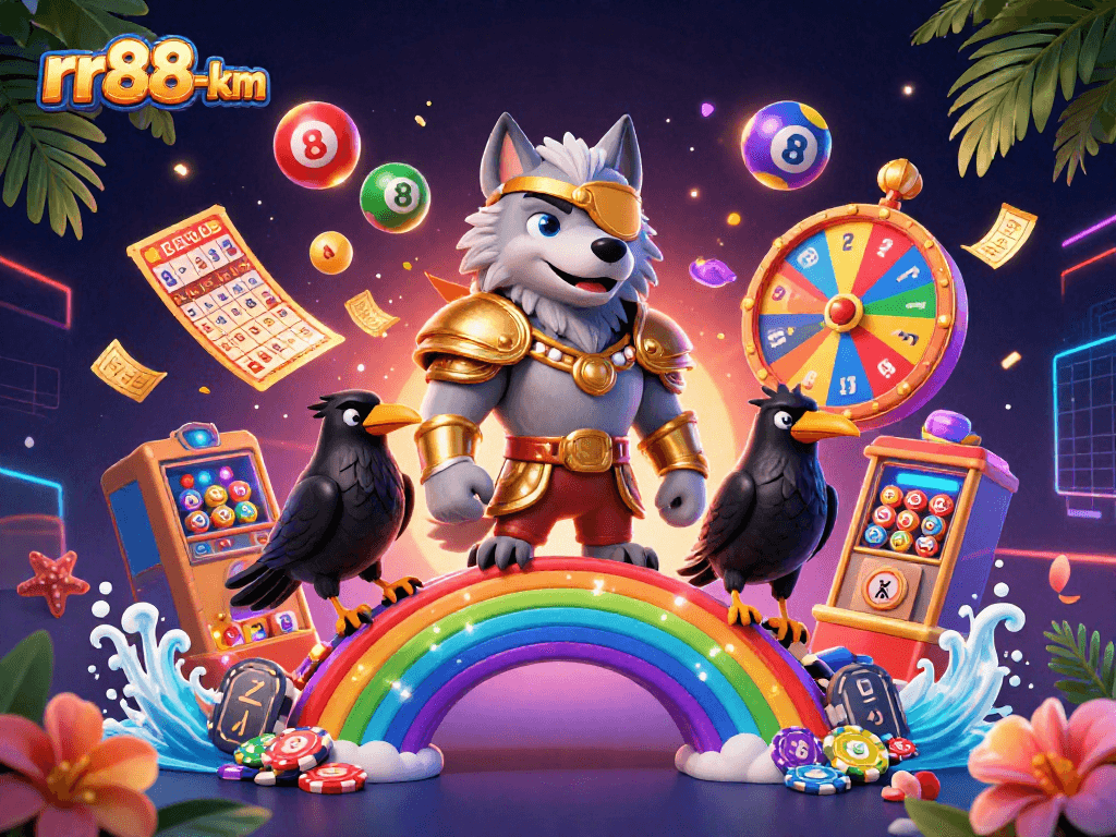 Experience thrilling moments with rr88-km lottery balls and vibrant game features in this 3D illustration.