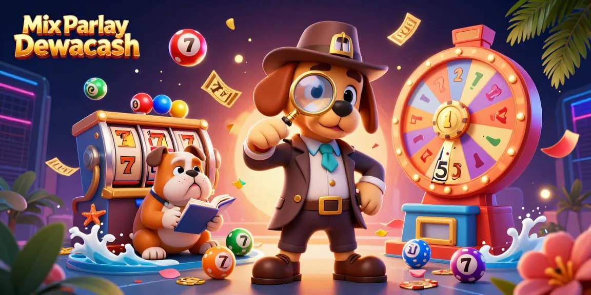 Engage with Mix Parlay Dewacash in this vibrant casino scene featuring detectives and jackpot clues.