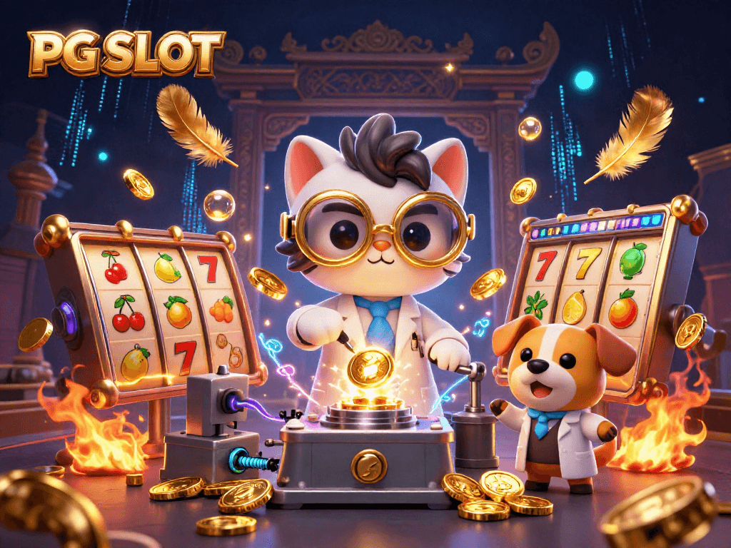 Experience PG SLOT excitement in a vibrant 3D scene with a mad scientist cat and golden treasures.