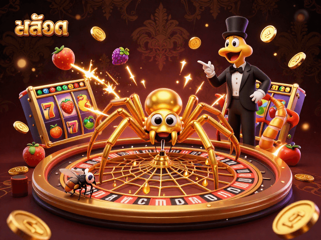 Experience สล็อต excitement with a 3D cartoon scene of characters spinning a roulette-style web.