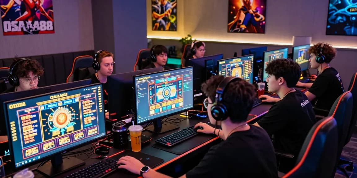Players immersed in OSAKA88 gaming environment showcasing excitement and vibrant slot graphics.