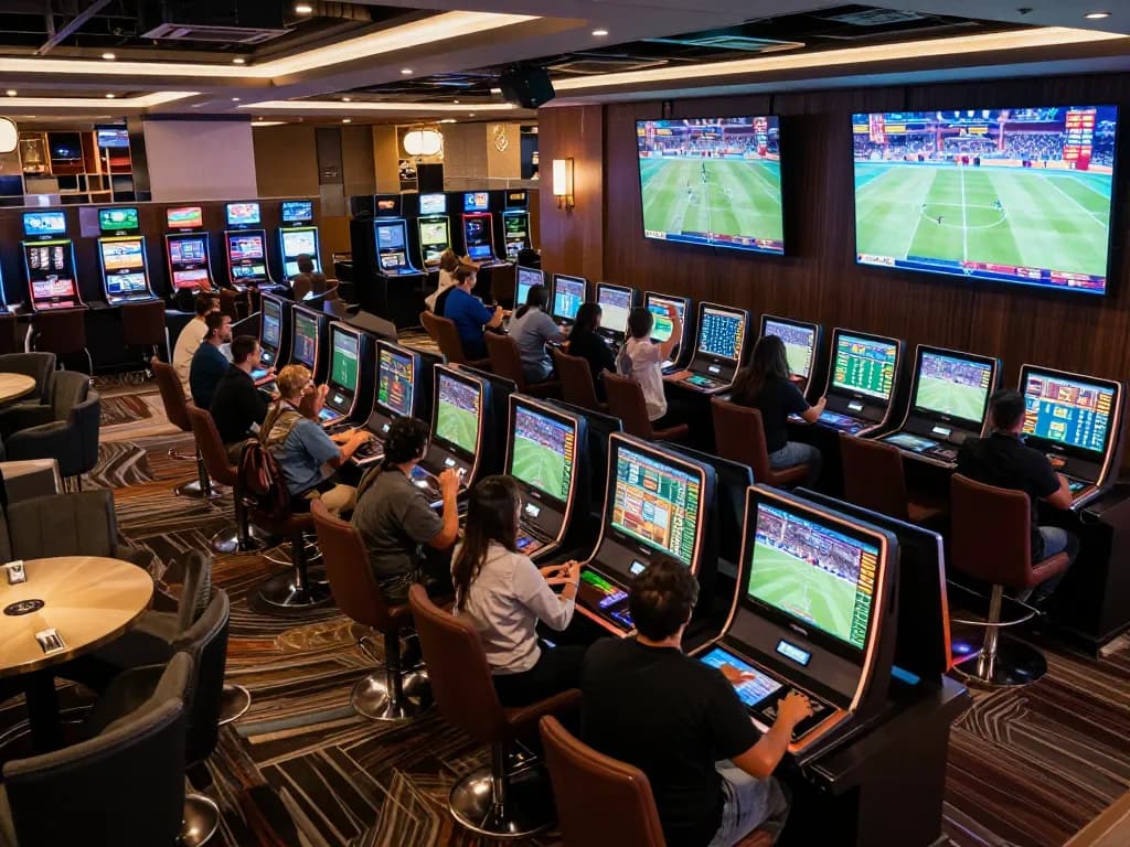 Engaged bettors strategize with live odds at an OK FUN sports betting lounge.