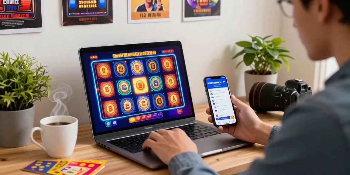 Online gambling excitement at NGAMENJITU with laptop and lottery tickets