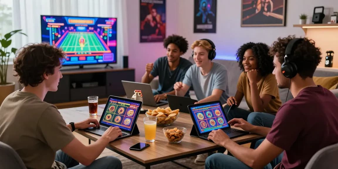 Players enjoying non UK slot sites in a cozy home setting with vibrant screens and snacks.