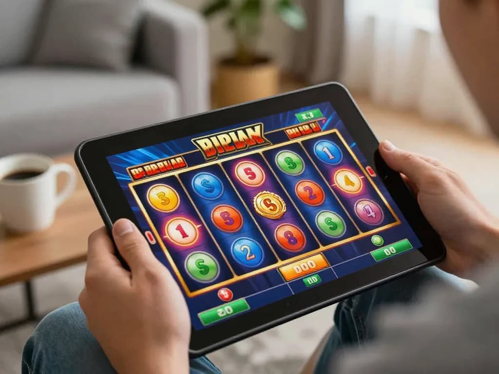 Engaging in a slot bonus game on a tablet while enjoying a cozy home setting.