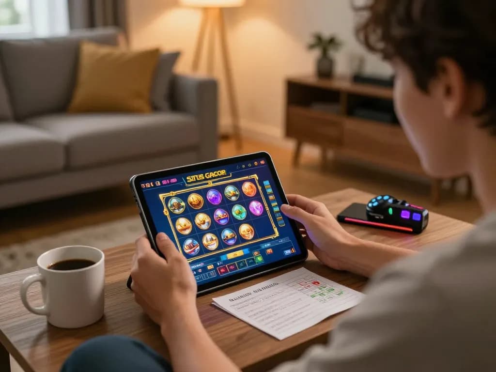 Engaging in a situs gacor experience with colorful slot games on tablet at home.
