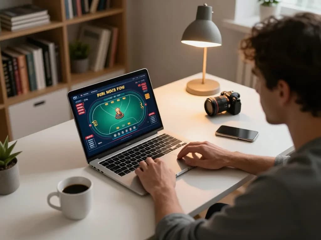 Player engaging in online gambling at goal123.ac, focused on poker game interface in a cozy home office