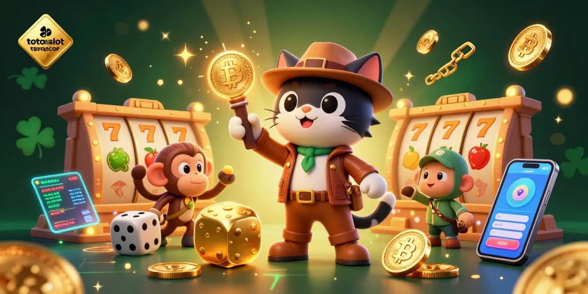 Engage with toto slot tergacor through a vibrant 3D casino illustration depicting an adventurous cat exploring for treasures.