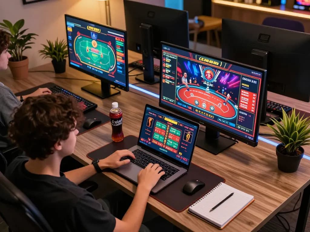 Engaged player using cm88 casino app on laptop at home gaming setup.
