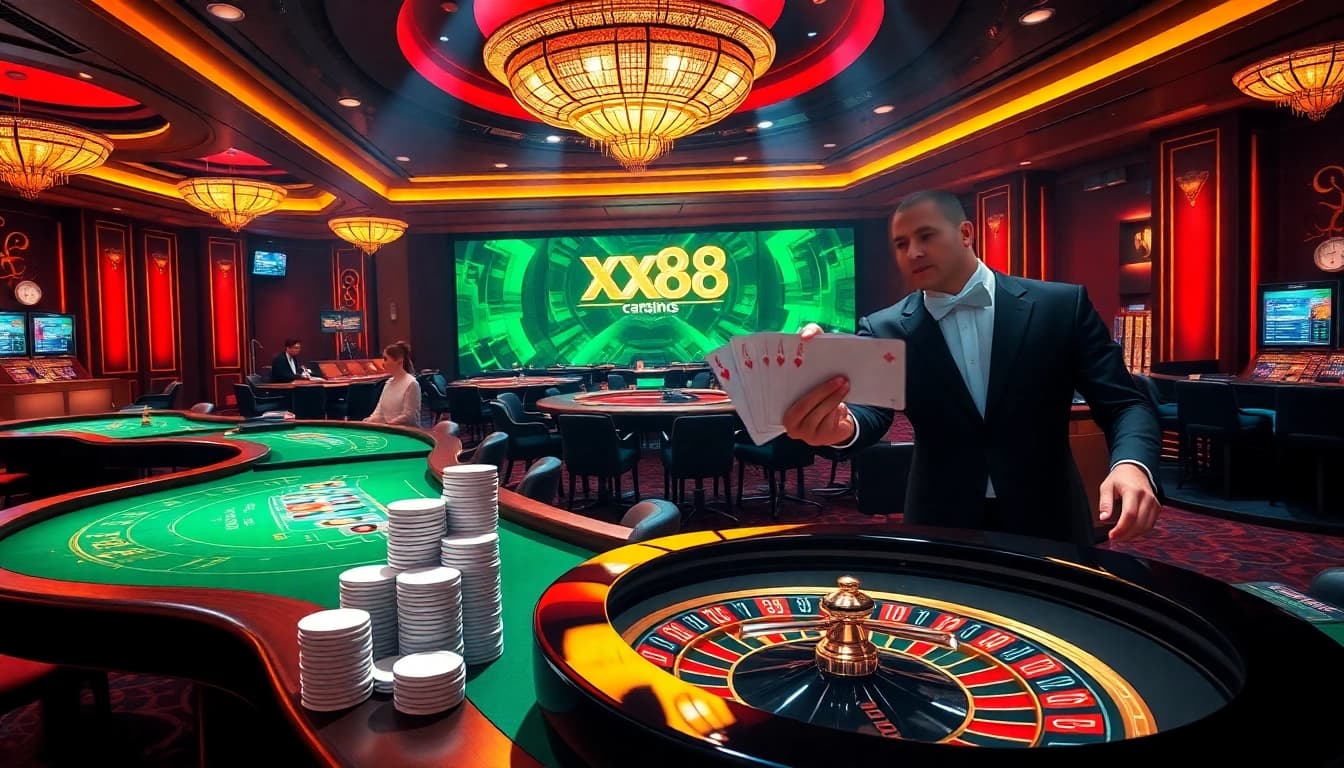 Experience the excitement of XX88 with a vibrant gambling scene showcasing casino games and online betting.