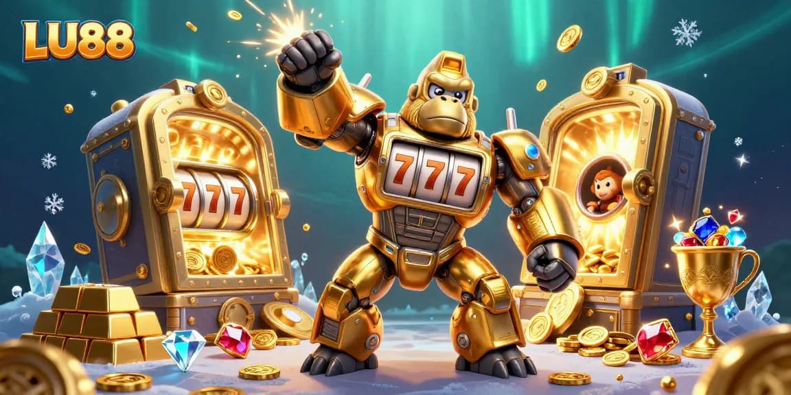 LU88 showcases epic gameplay with a golden gorilla mech surrounded by jewels and treasure.