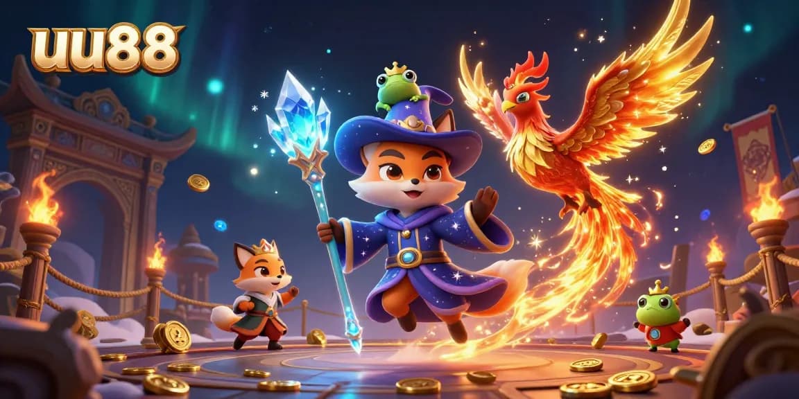 Engage with uu88, a vibrant scene of a wizard fox and phoenix amidst a dynamic casino atmosphere.