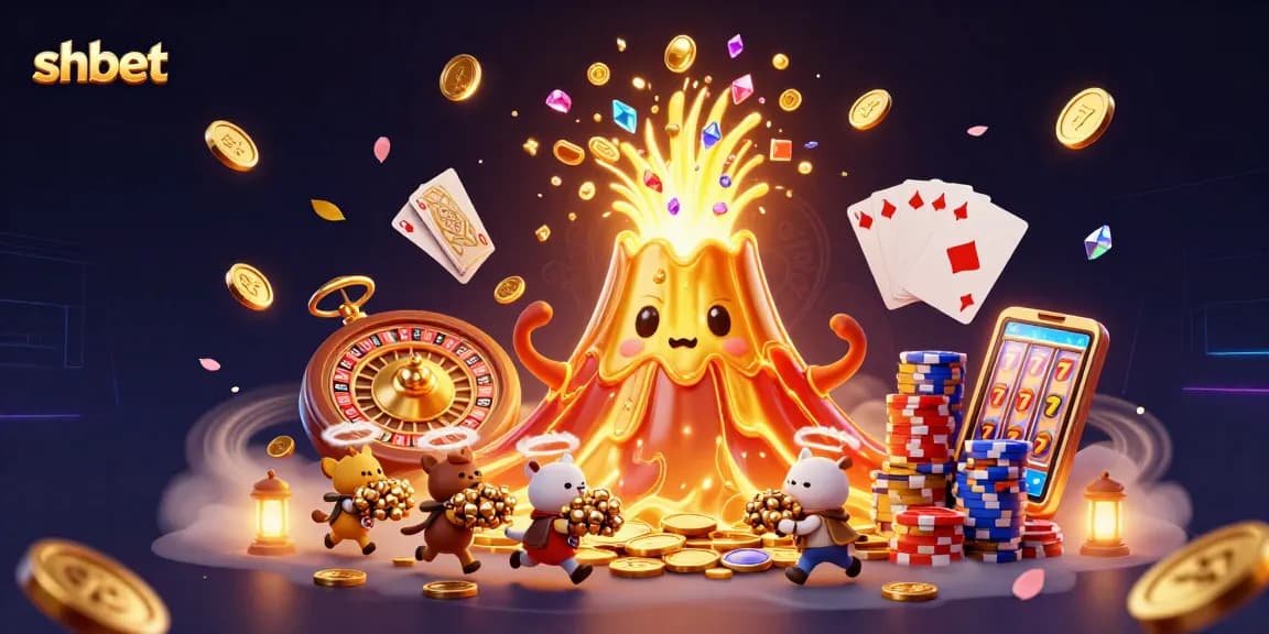 Experience shbet's thrilling adventures with a golden volcano erupting treasures and dynamic casino elements.