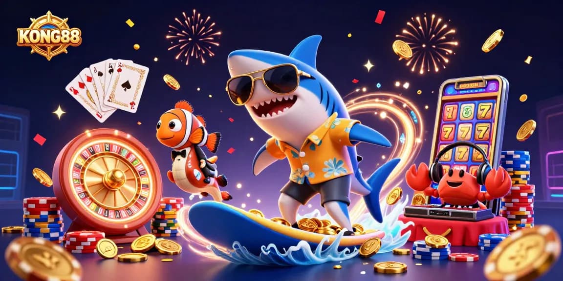 KONG88 offers thrilling casino fun with a hammer-head shark and colorful characters celebrating amidst a dynamic gold coin wave.