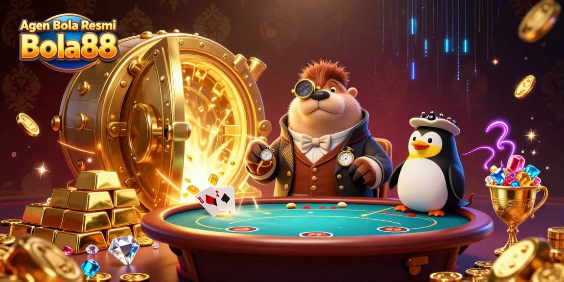Engage with Agen Bola Resmi Bola88 in an underwater poker showdown featuring a jolly walrus and dynamic characters.