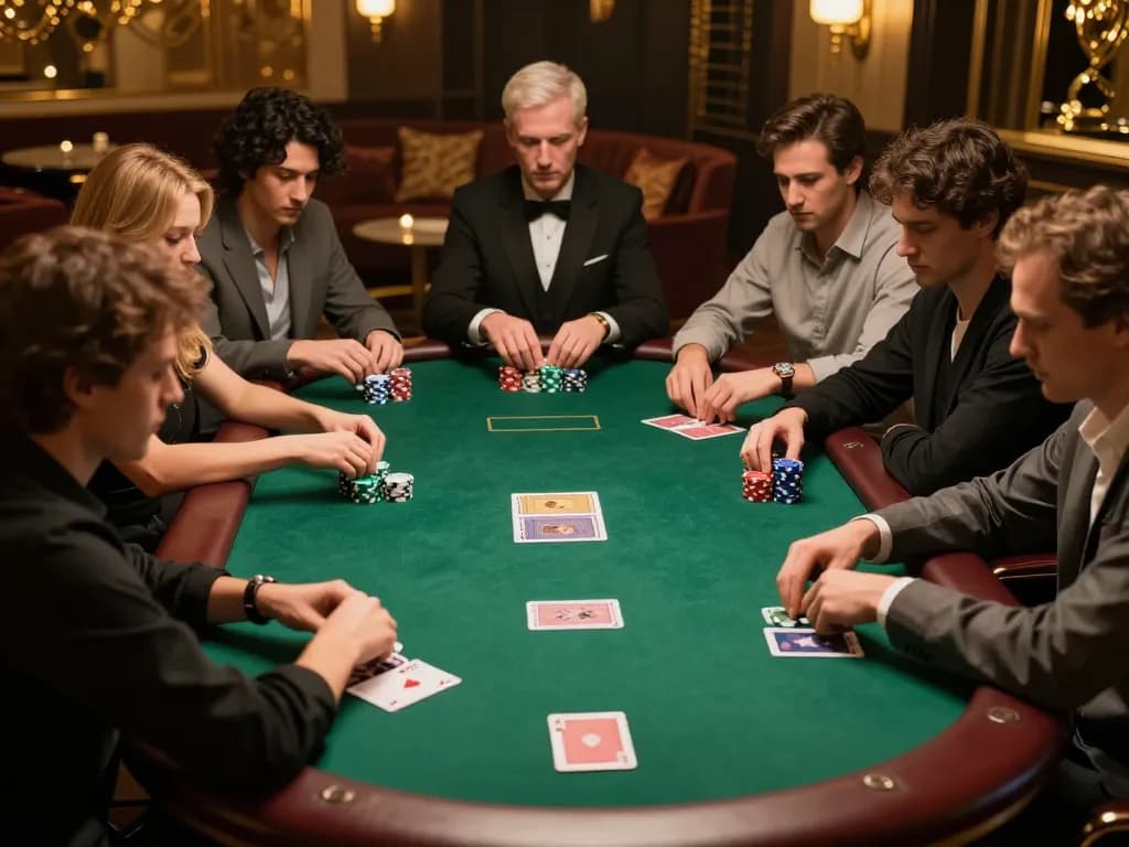 MPO08 high-stakes poker players strategizing their bets at a private table in an upscale setting.