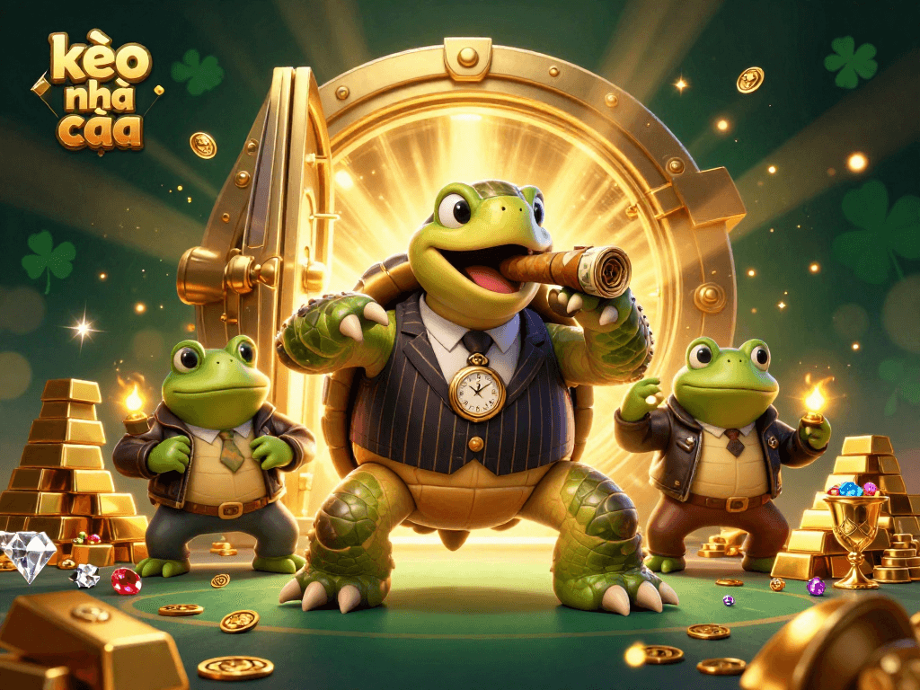 Engage with the vibrant kèo nhà cái scene featuring a cartoon turtle in a suit and enforcers surrounded by casino treasures.