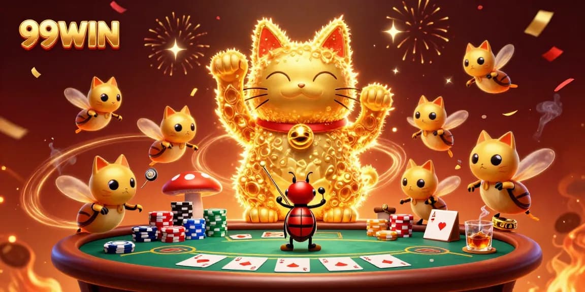Experience the excitement at 99WIN with a vibrant casino scene full of lucky symbols and action.