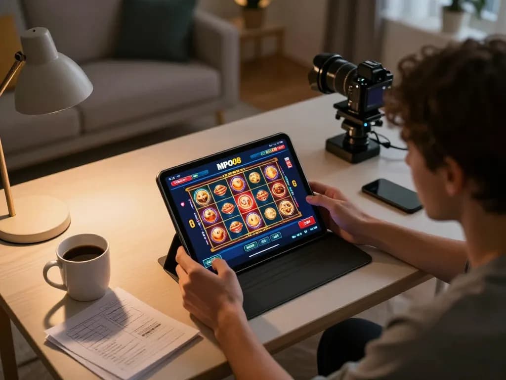 MPO08 user engaging with online casino on tablet, showcasing vibrant gaming interface.