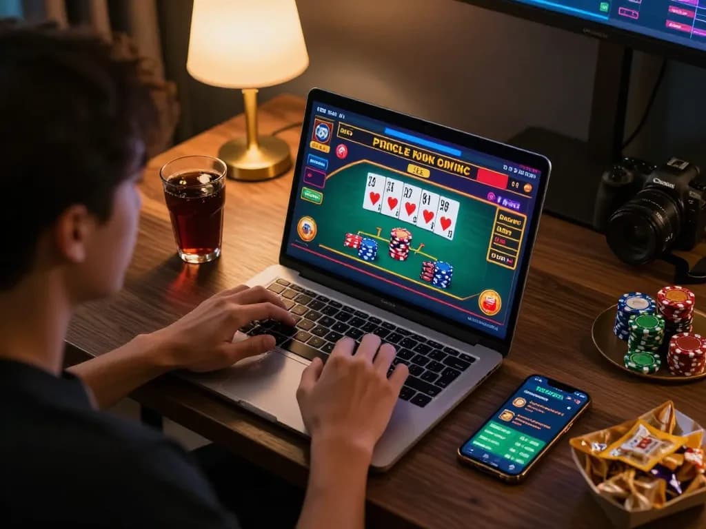 Player engaged in online casino gameplay at home with 68win on laptop screen, strategizing bets.