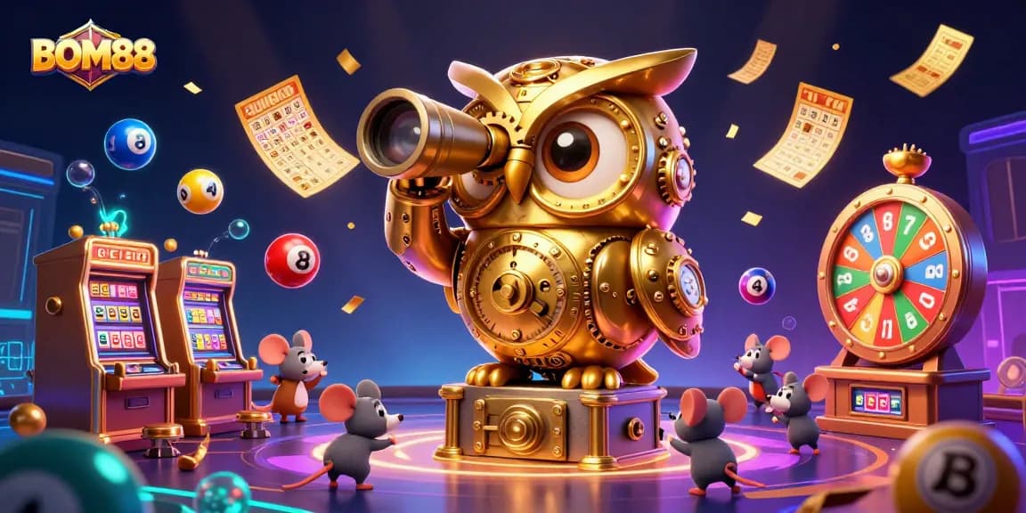 BOM88 showcases a lively casino scene with a golden owl and dynamic game elements, enticing players.