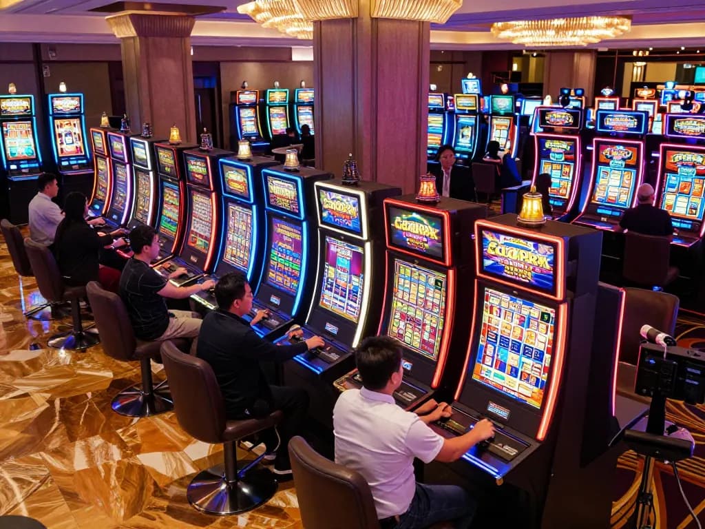 Players enjoying the immersive slot gacor experience at a vibrant casino, surrounded by colorful machines and excitement.