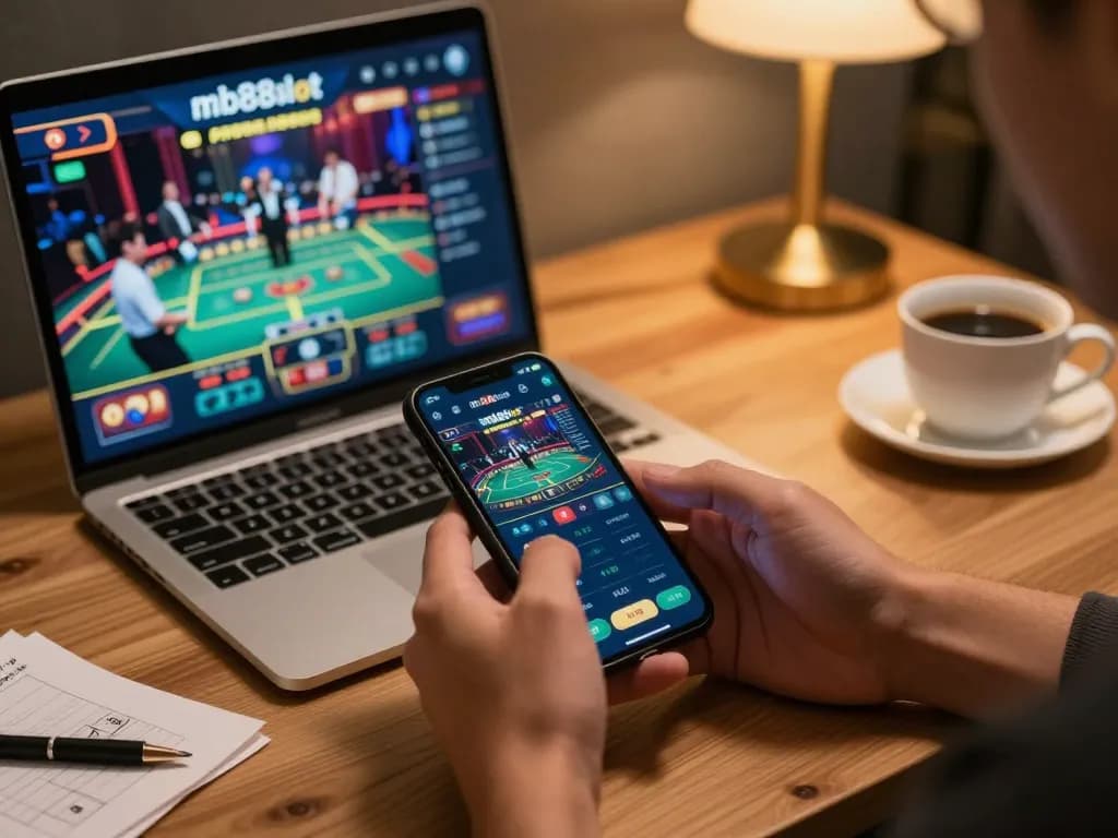 Engaging with mb88slot app on smartphone while enjoying home casino gaming in a cozy workspace.