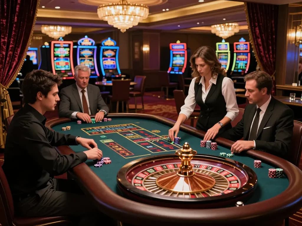 Players strategizing their bets at a KJC roulette table, capturing the thrill of casino gaming.