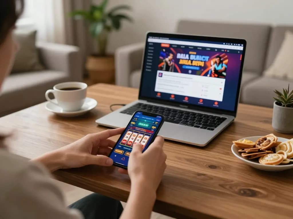 Player winning on mobile slots at home, showcasing fun hu gaming experience in a cozy setting