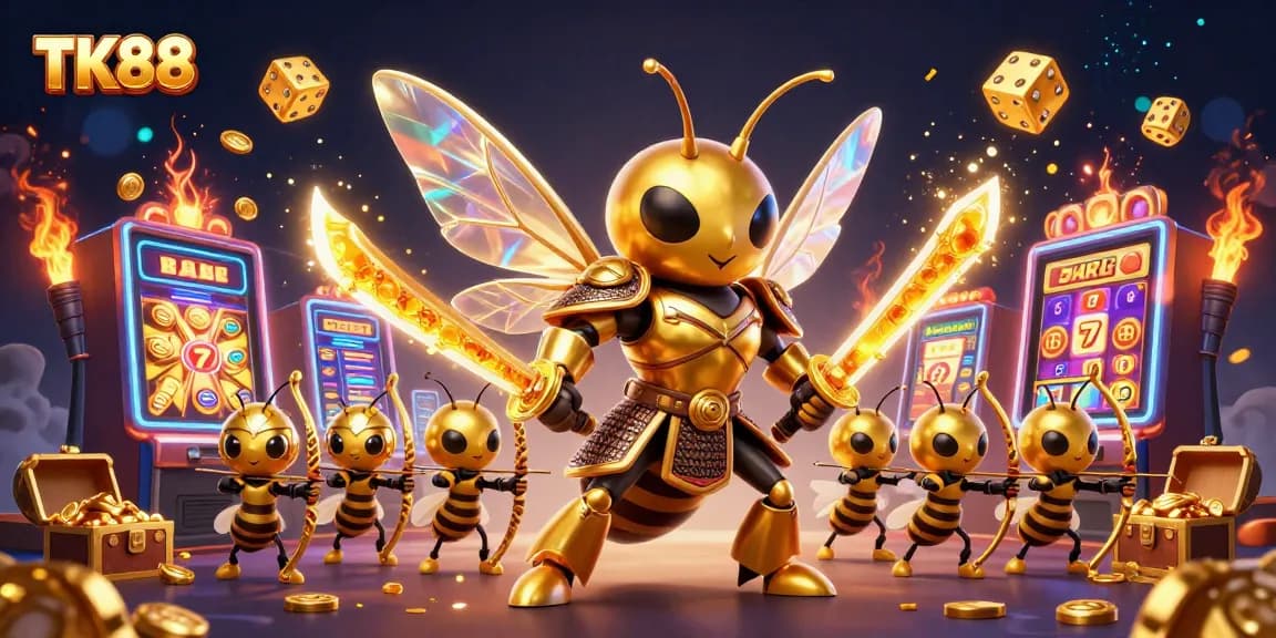 Play exciting games at TK88 with a dynamic casino scene featuring golden characters and immersive slots.