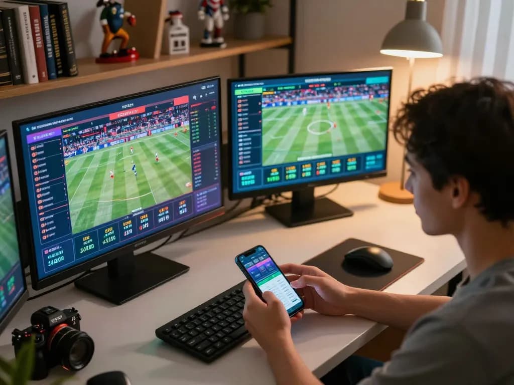 Engaging player analyzing sports odds for ggdewa777 online betting platform on multiple screens.