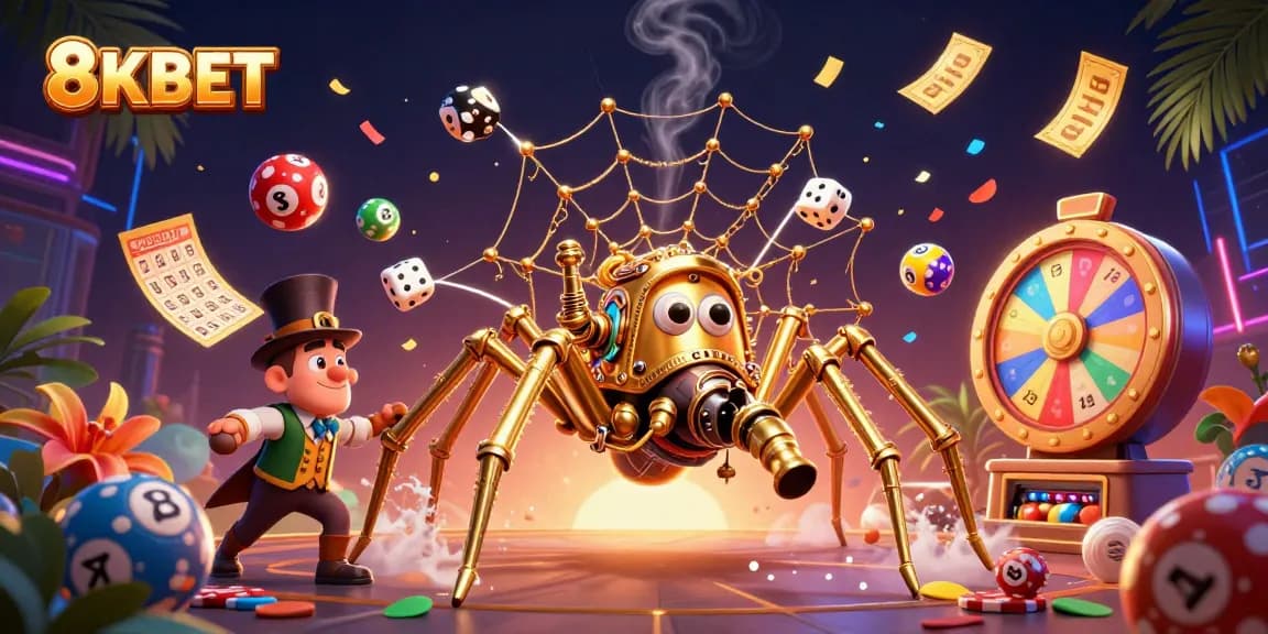 8KBET captures thrilling lottery excitement with vivid characters and colorful game elements