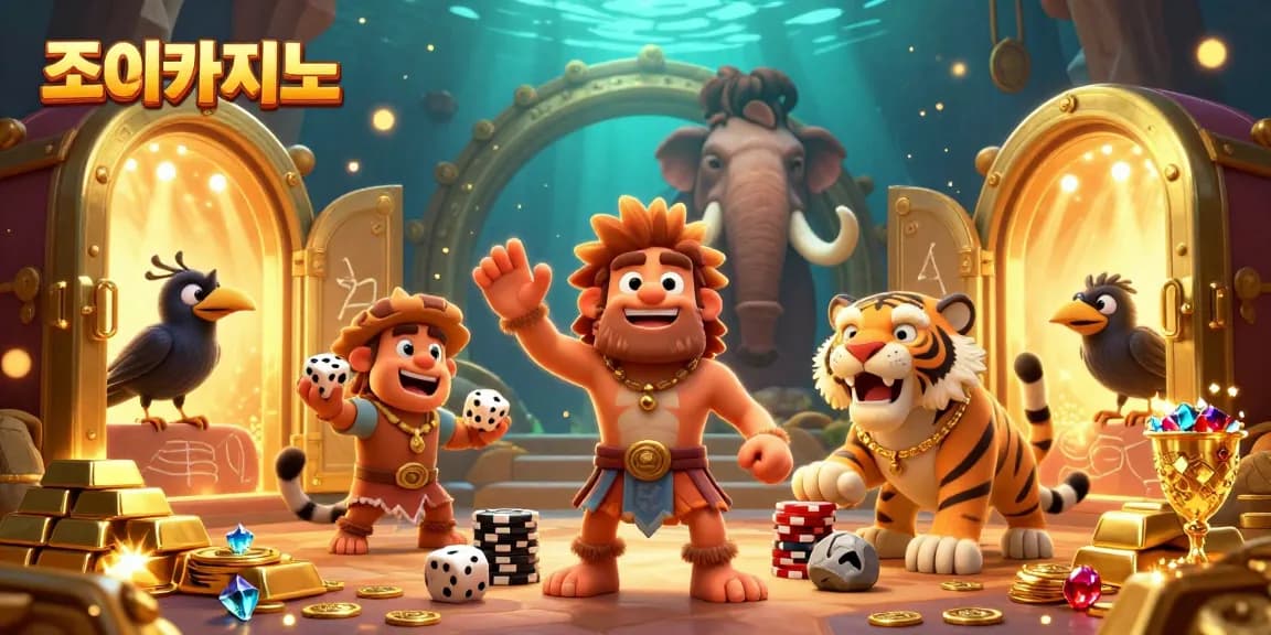 Experience the excitement of 조이카지노 in this dynamic 3D casino scene showcasing a caveman and sabertooth tiger managing games.
