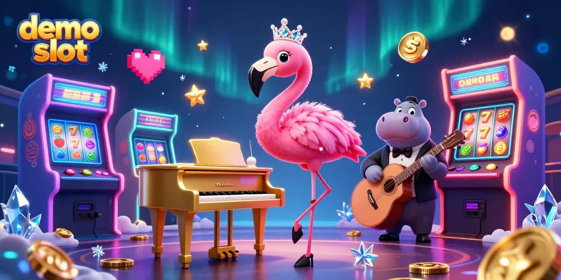Spin colorful demo slot games with entertaining flamingo singer and hippo bassist in vibrant casino scene.