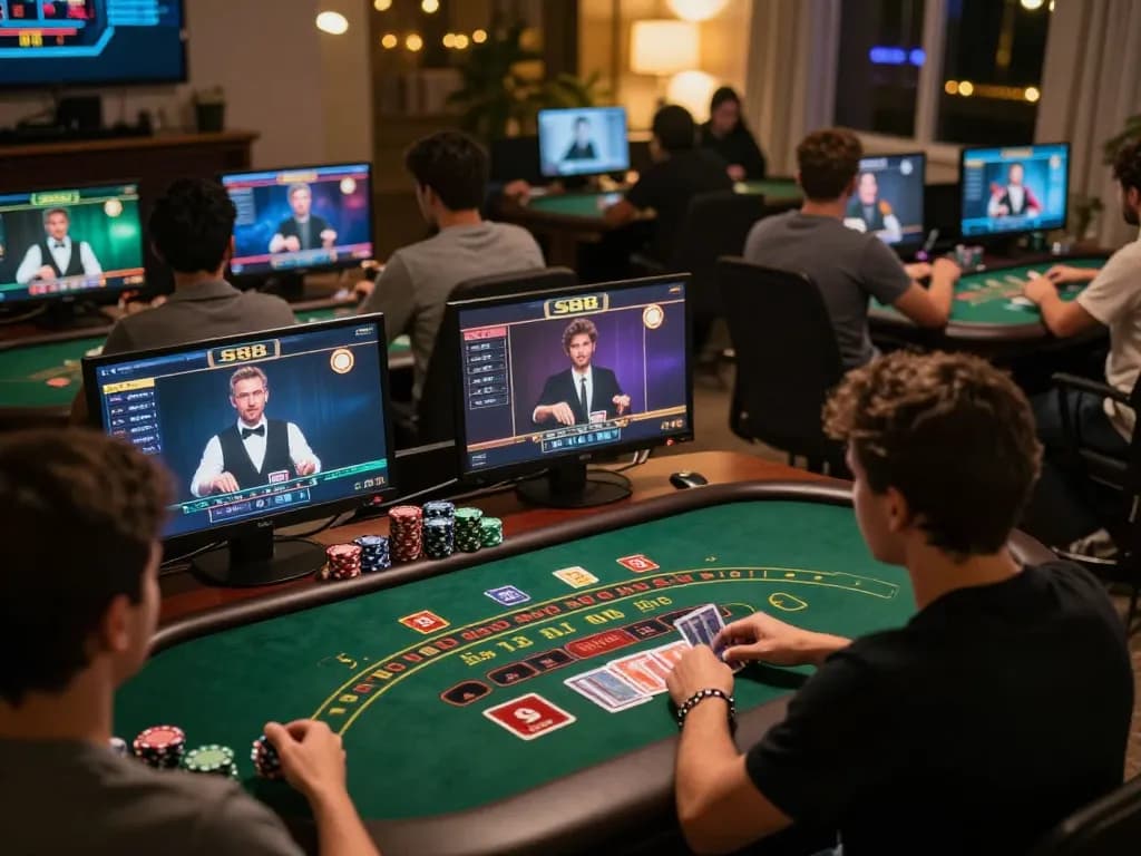 S888 players immersed in online blackjack with cozy setup, showcasing strategic play.