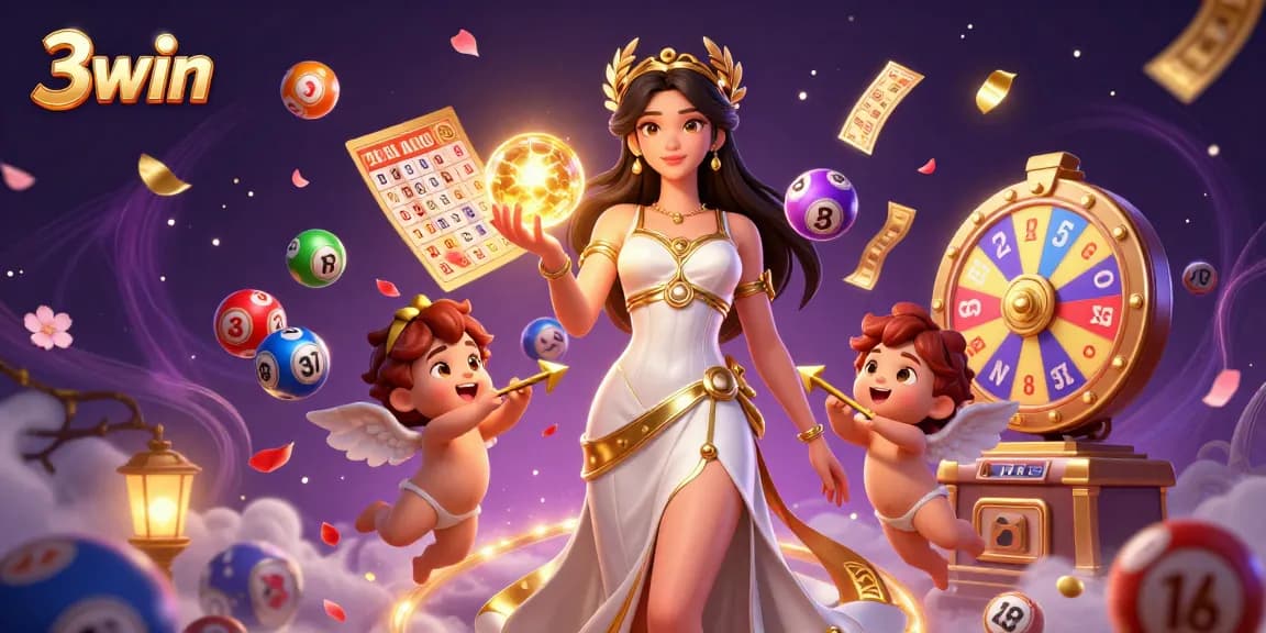 3win casino scene showcasing a Grecian goddess surrounded by lottery elements promoting exciting gaming.