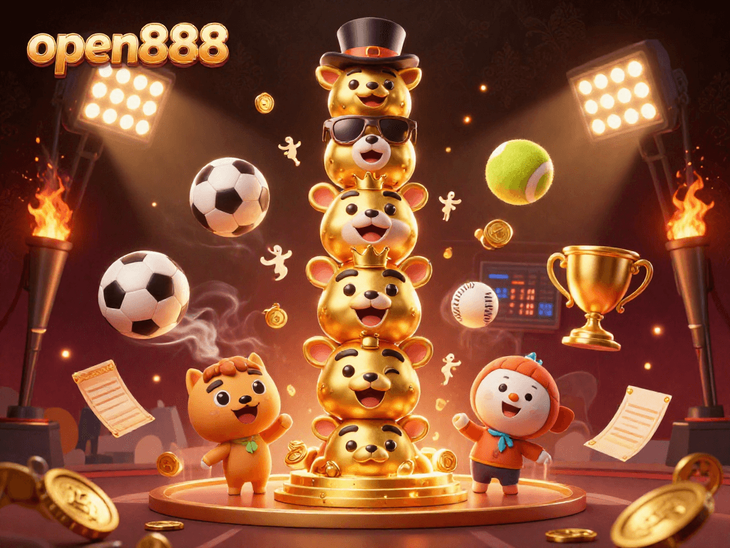 Experience the excitement of open888 with vibrant sports-themed 3D casino illustration featuring dynamic characters and elements.