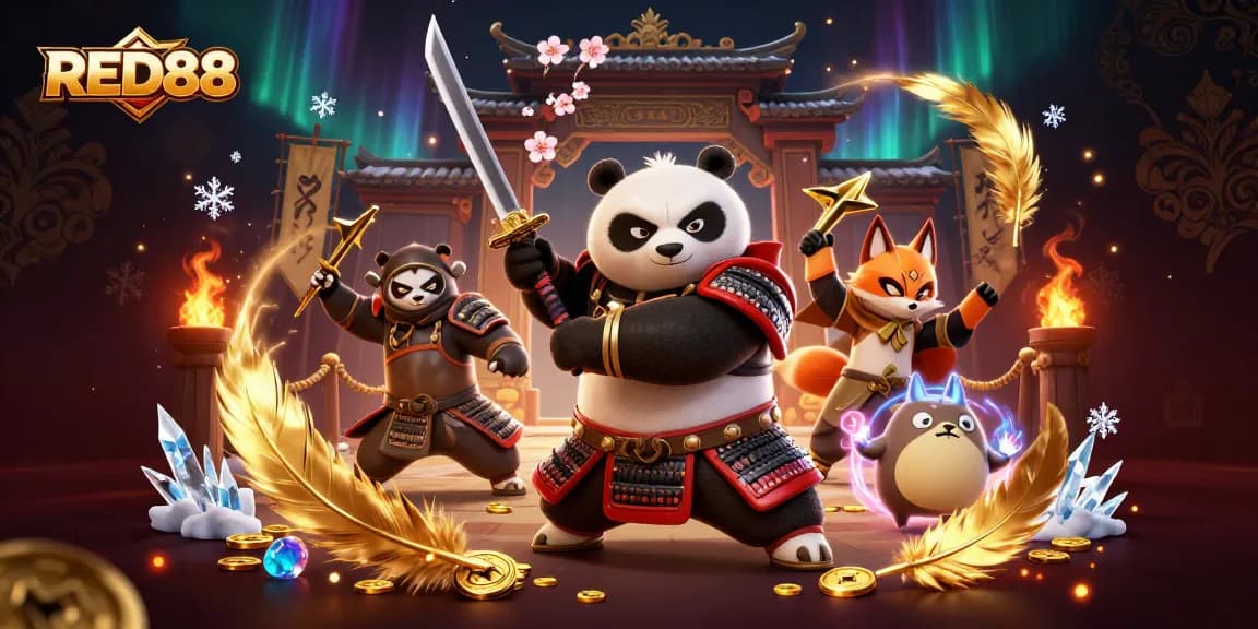 Engage with RED88 in an action-packed 3D scene featuring a samurai panda and a ninja fox amidst golden casino elements.