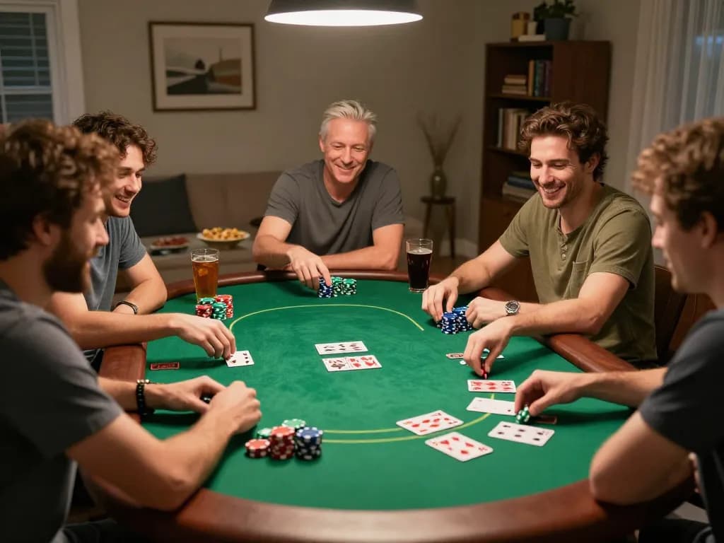 Friends enjoying a lively poker night at home, showcasing Juraganbet88 gameplay atmosphere.