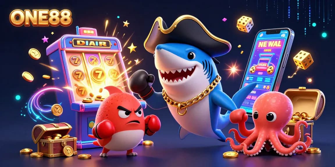 Experience thrilling gameplay at ONE88 with colorful characters amidst an exciting casino atmosphere.