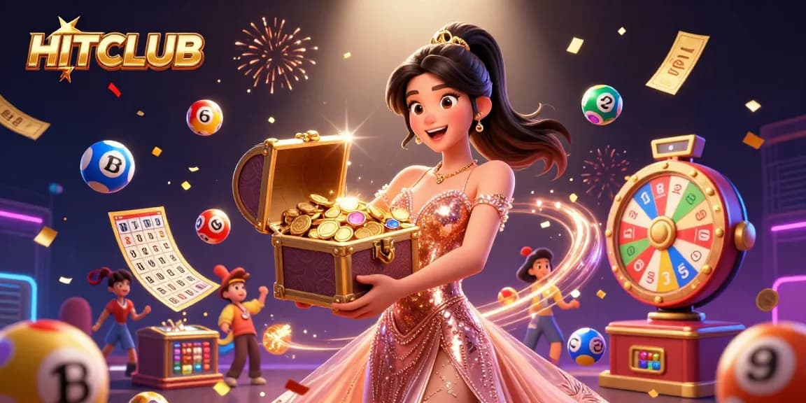 Experience exciting gameplay at HITCLUB with vibrant casino elements and a treasure chest bursting with rewards.