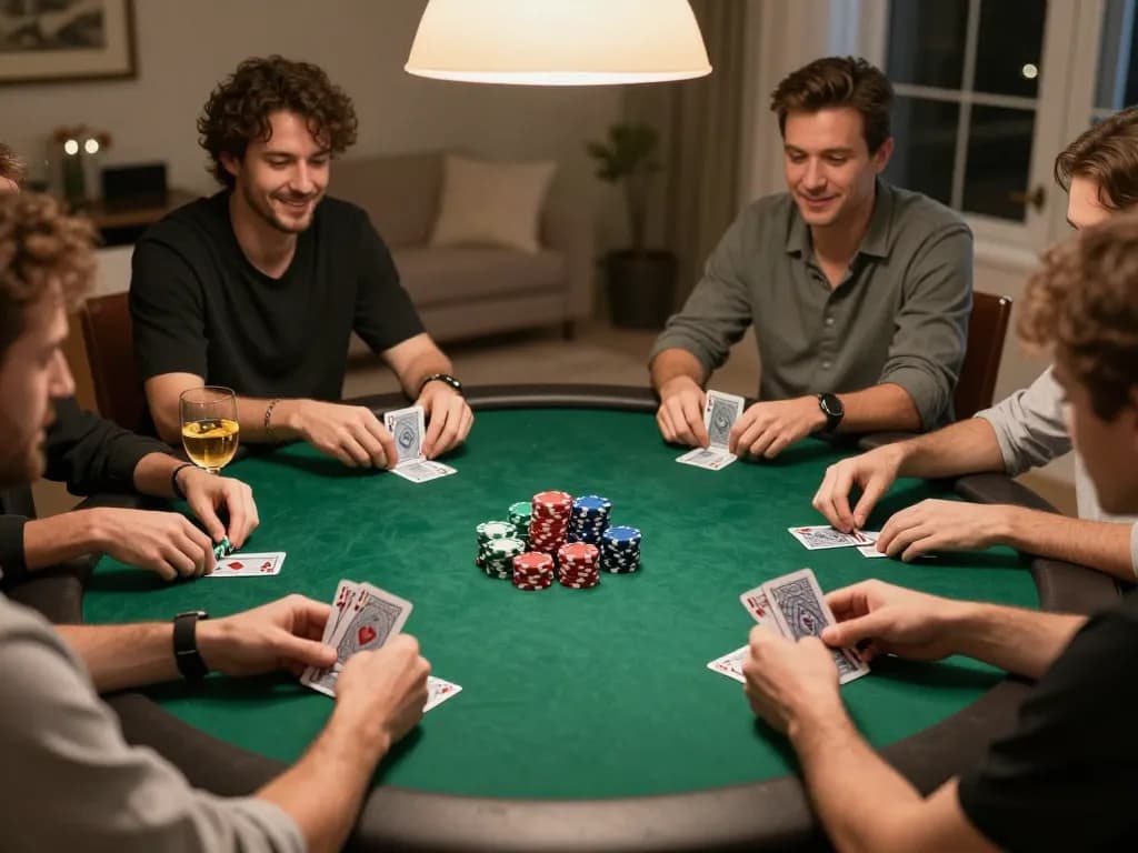 Players engaging in a thrilling poker game at home, showcasing F8bet strategy and camaraderie.